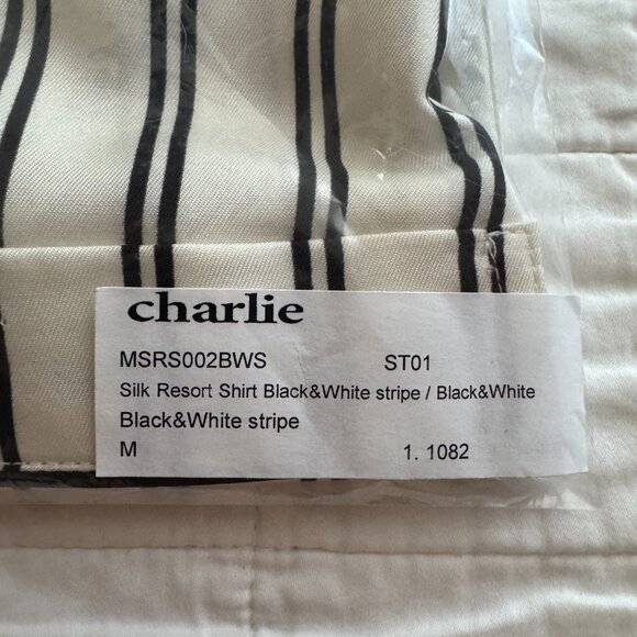 NWT // Charlie by MZ Silk Resort Shirt // Black and White Stripe // M - Picture 2 of 5